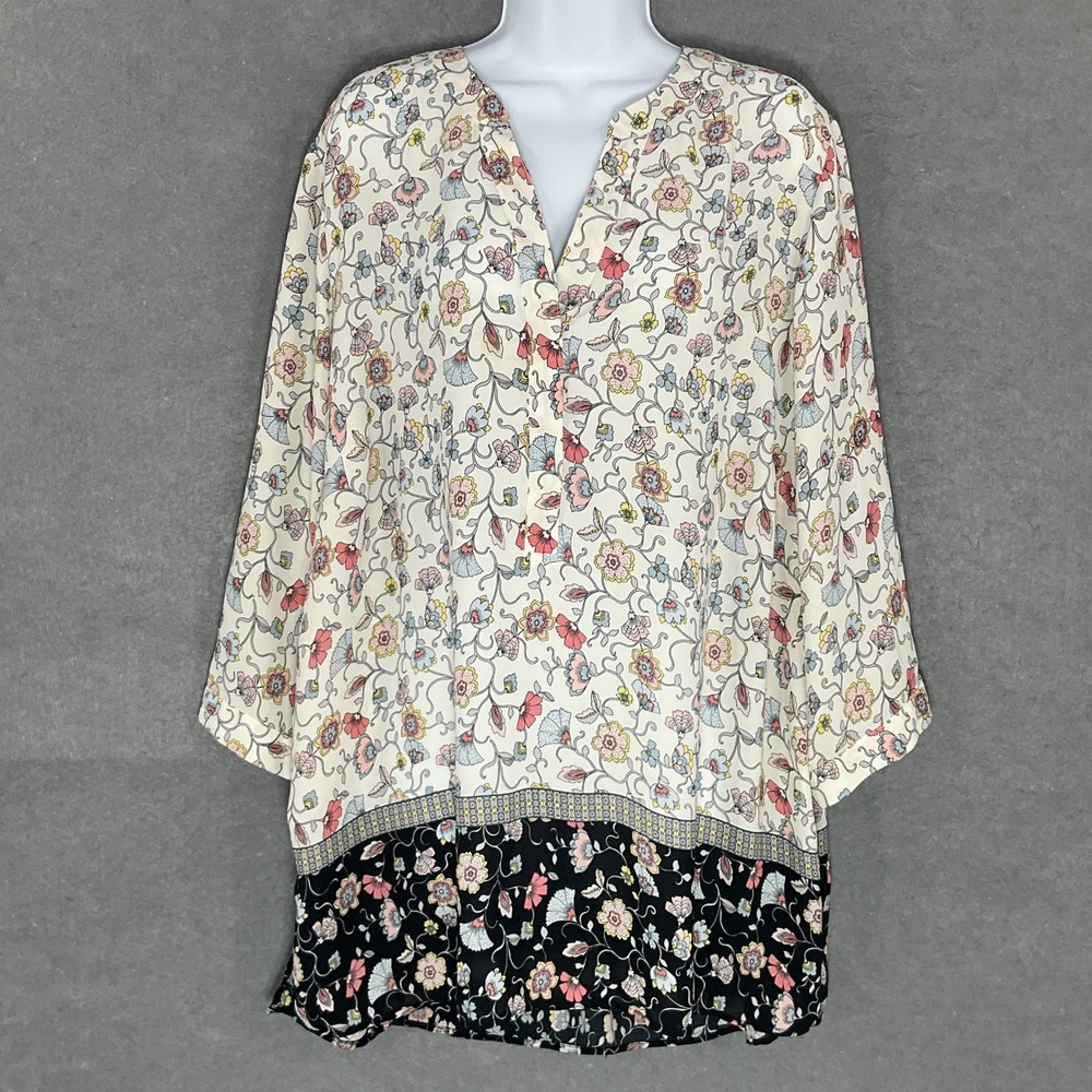 Rose+Olive Top Blouse V-Neck Long Sleeve Floral Garden‎ Tunic Flowy Sz 2X Boho